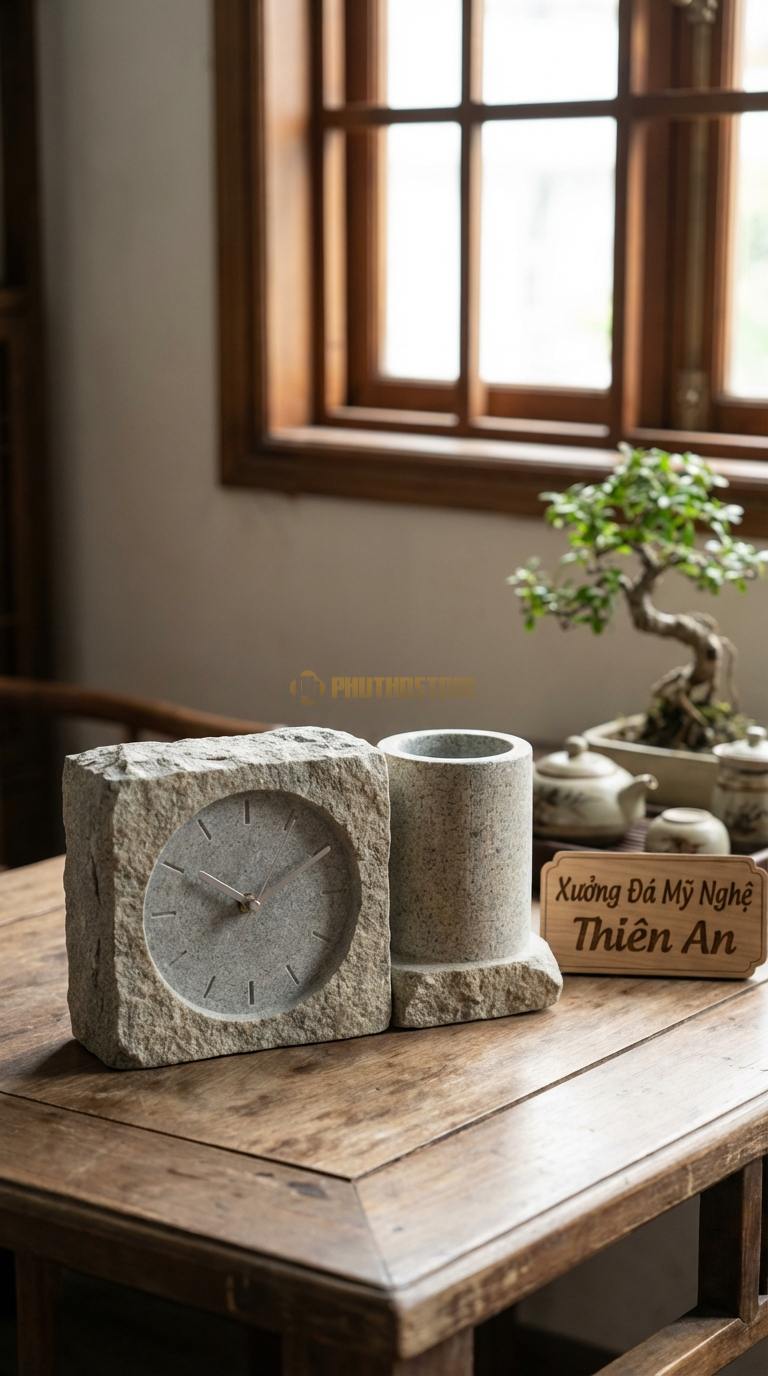 Đồng Hồ Để Bàn Đá Cao Cấp Đá Granite Đồng Hồ Đôi (Gồm đồng hồ và lọ cắm bút bằng đá) 15cm x 30cm x 10cm