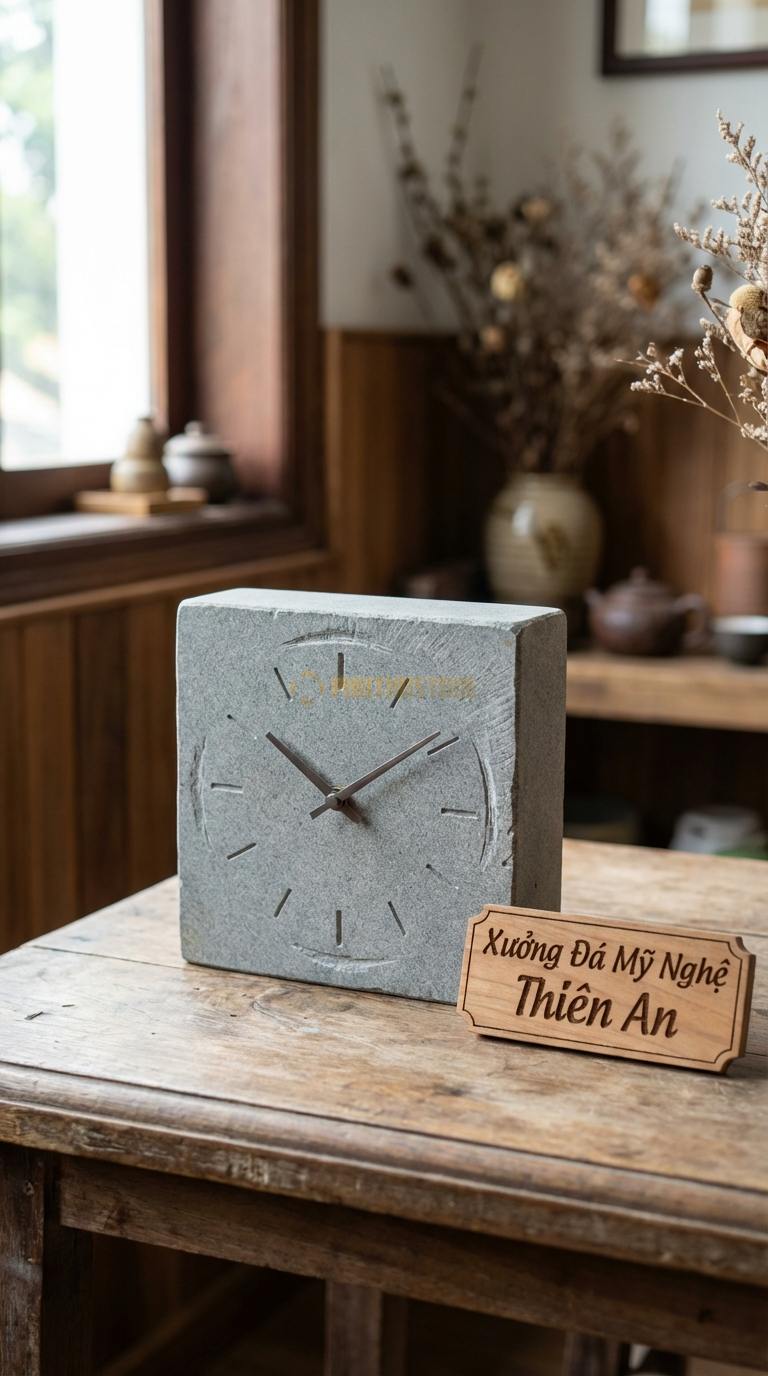 Đồng Hồ Để Bàn Đá Cao Cấp Đá Granite Khối Trụ Power (Đá nguyên khối cắt vuông vức) 15cm x 12cm x 5cm