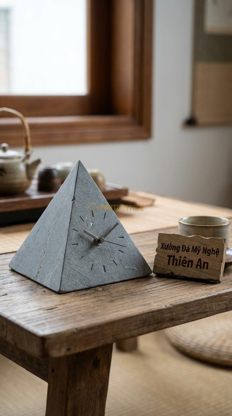 Đồng Hồ Để Bàn Đá Cao Cấp Đá Granite Kim Tự Tháp (Dáng chóp, phong thủy tài lộc) 12cm x 12cm x 12cm