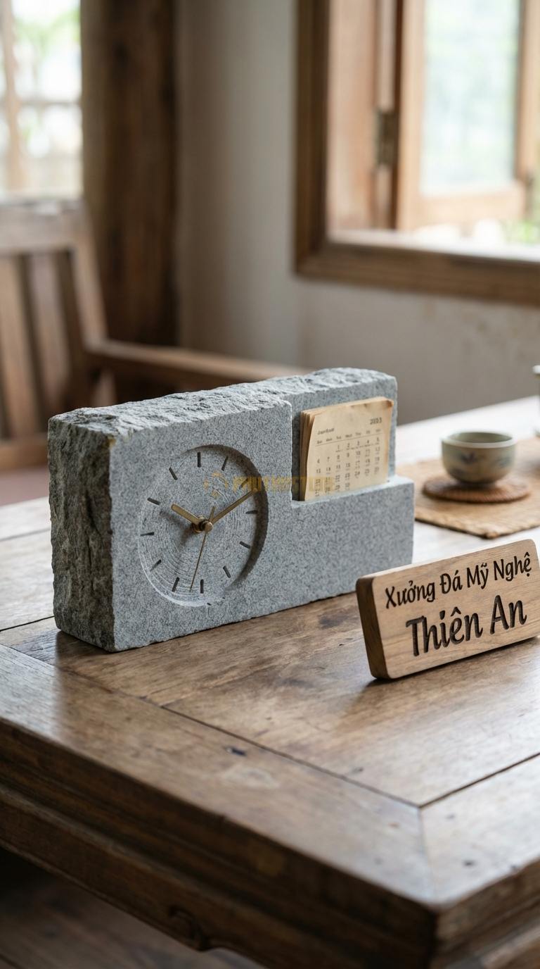 Đồng Hồ Để Bàn Đá Cao Cấp Đá Granite Ổn Định (Khối chữ nhật nằm ngang, kẹp lịch) 12cm x 25cm x 7cm