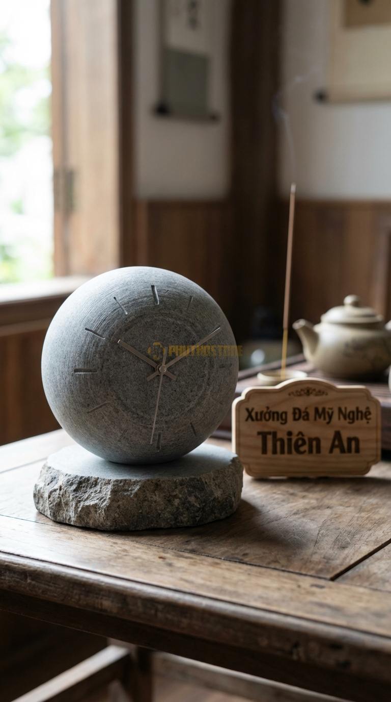Đồng Hồ Để Bàn Đá Cao Cấp Đá Granite Quả Cầu Thời Gian (Đá mài tròn đặt trên đế) 12cm (Đường kính cầu)