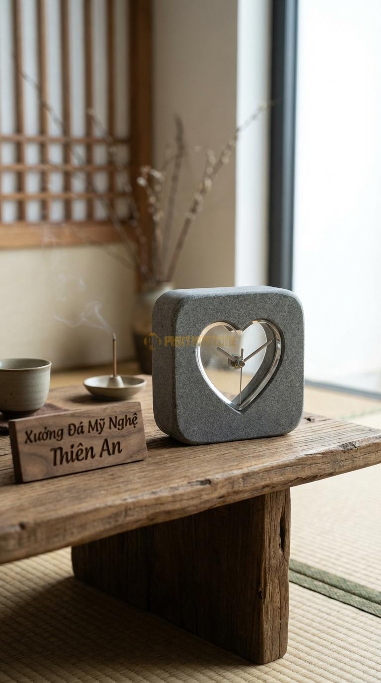 Đồng Hồ Để Bàn Đá Cao Cấp Đá Granite Trái Tim Pha Lê (Đá mài bóng hình tim) 10cm x 10cm x 4cm