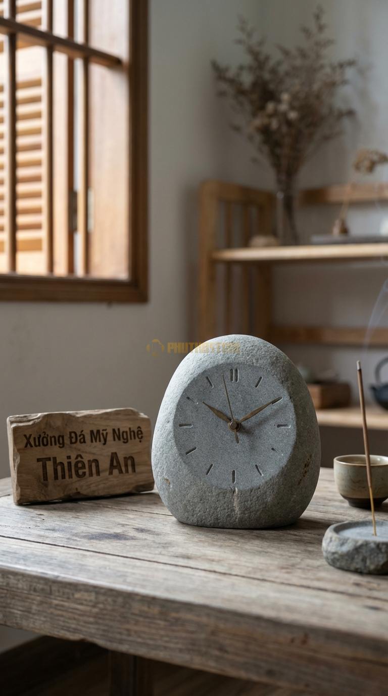 Đồng Hồ Để Bàn Đá Cao Cấp Đá Granite Zen Stone (Dáng đá cuội tự nhiên bo tròn) 10cm x 15cm x 10cm