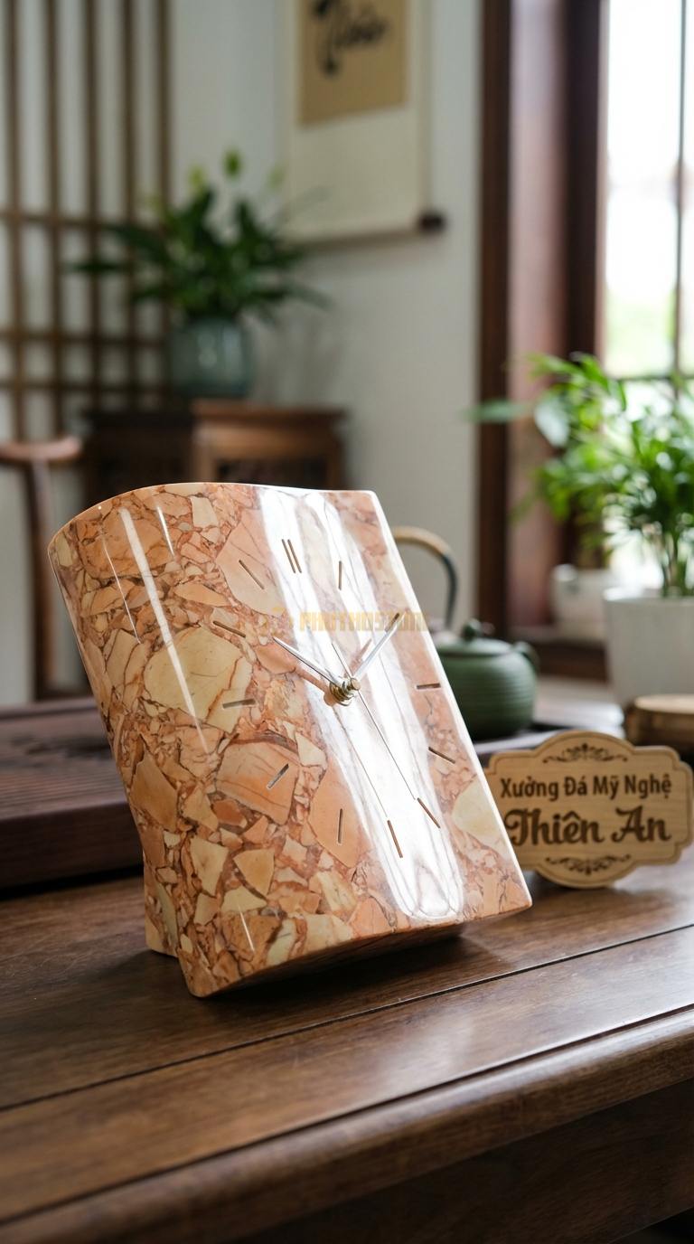 Đồng Hồ Để Bàn Đá Cao Cấp Đá Hồng Cuốn Sách Thời Gian (Dáng nghiêng như quyển sách) 18cm x 14cm x 8cm