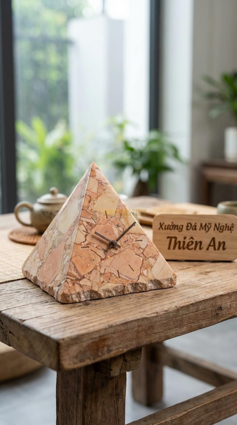 Đồng Hồ Để Bàn Đá Cao Cấp Đá Hồng Kim Tự Tháp (Dáng chóp, phong thủy tài lộc) 12cm x 12cm x 12cm