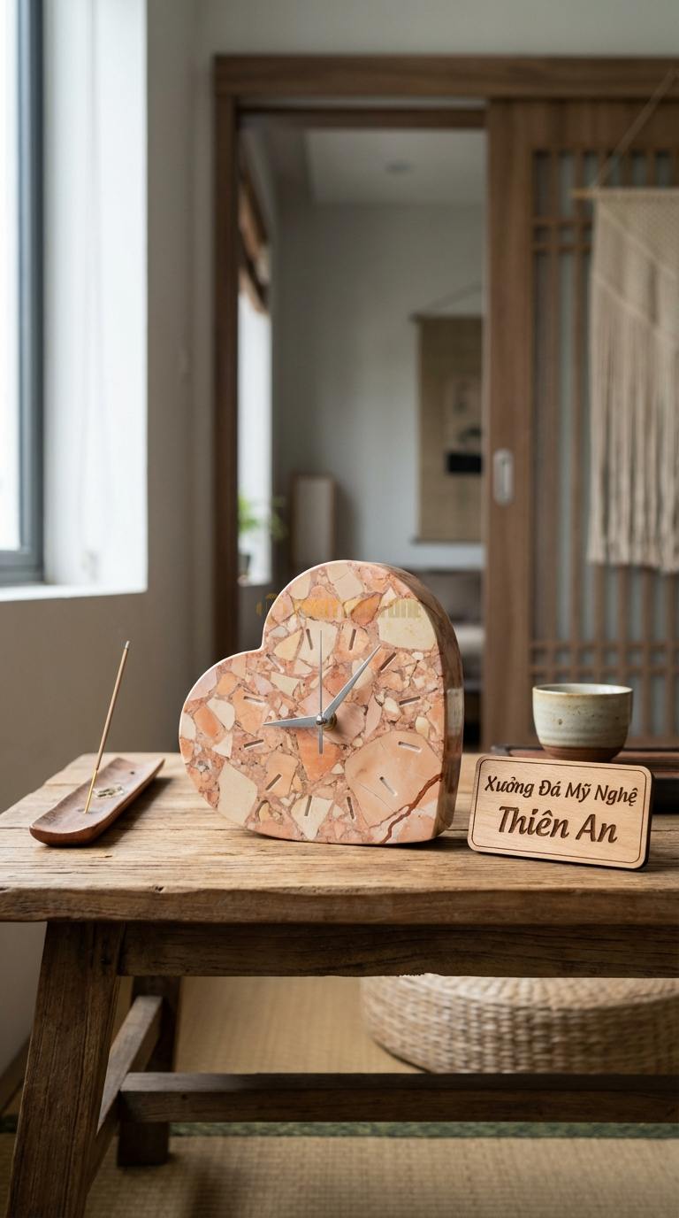 Đồng Hồ Để Bàn Đá Cao Cấp Đá Hồng Trái Tim Pha Lê (Đá mài bóng hình tim) 10cm x 10cm x 4cm