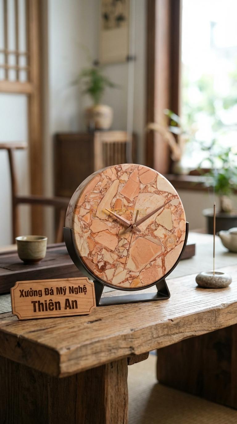 Đồng Hồ Để Bàn Đá Cao Cấp Đá Hồng Vòng Tròn Vĩnh Cửu (Mặt đá gắn trên đế kim loại) 20cm x 18cm x 6cm
