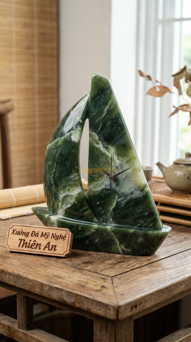 Đồng Hồ Để Bàn Đá Cao Cấp Đá Serpentine Cánh Buồm Xuôi Gió (Dáng vát nhọn về phía trước) 22cm x 15cm x 6cm