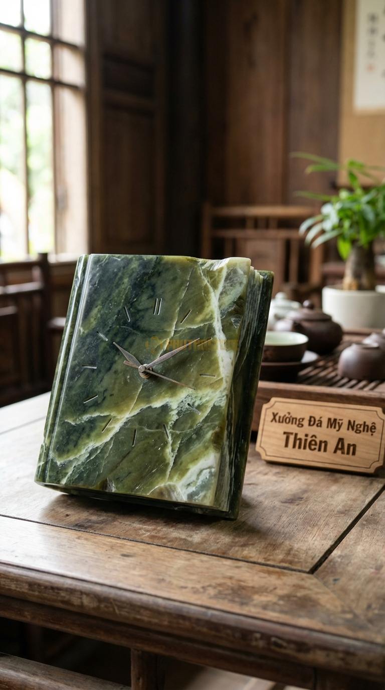 Đồng Hồ Để Bàn Đá Cao Cấp Đá Serpentine Cuốn Sách Thời Gian (Dáng nghiêng như quyển sách) 18cm x 14cm x 8cm