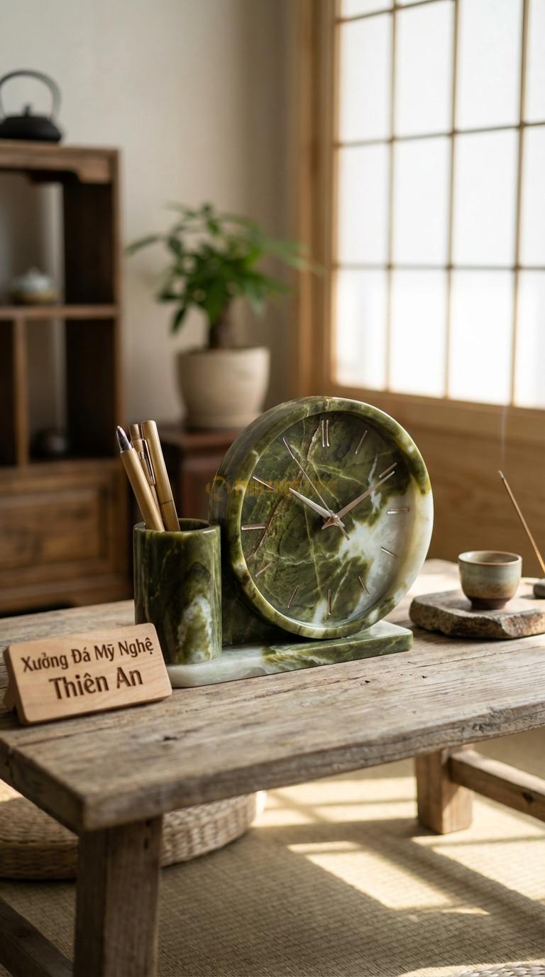 Đồng Hồ Để Bàn Đá Cao Cấp Đá Serpentine Đồng Hồ Đôi (Gồm đồng hồ và lọ cắm bút bằng đá) 15cm x 30cm x 10cm