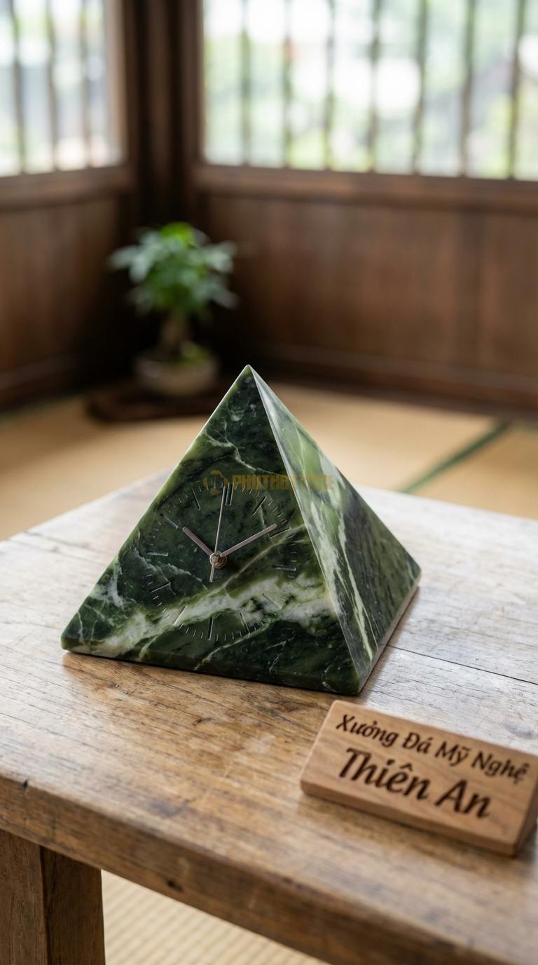 Đồng Hồ Để Bàn Đá Cao Cấp Đá Serpentine Kim Tự Tháp (Dáng chóp, phong thủy tài lộc) 12cm x 12cm x 12cm