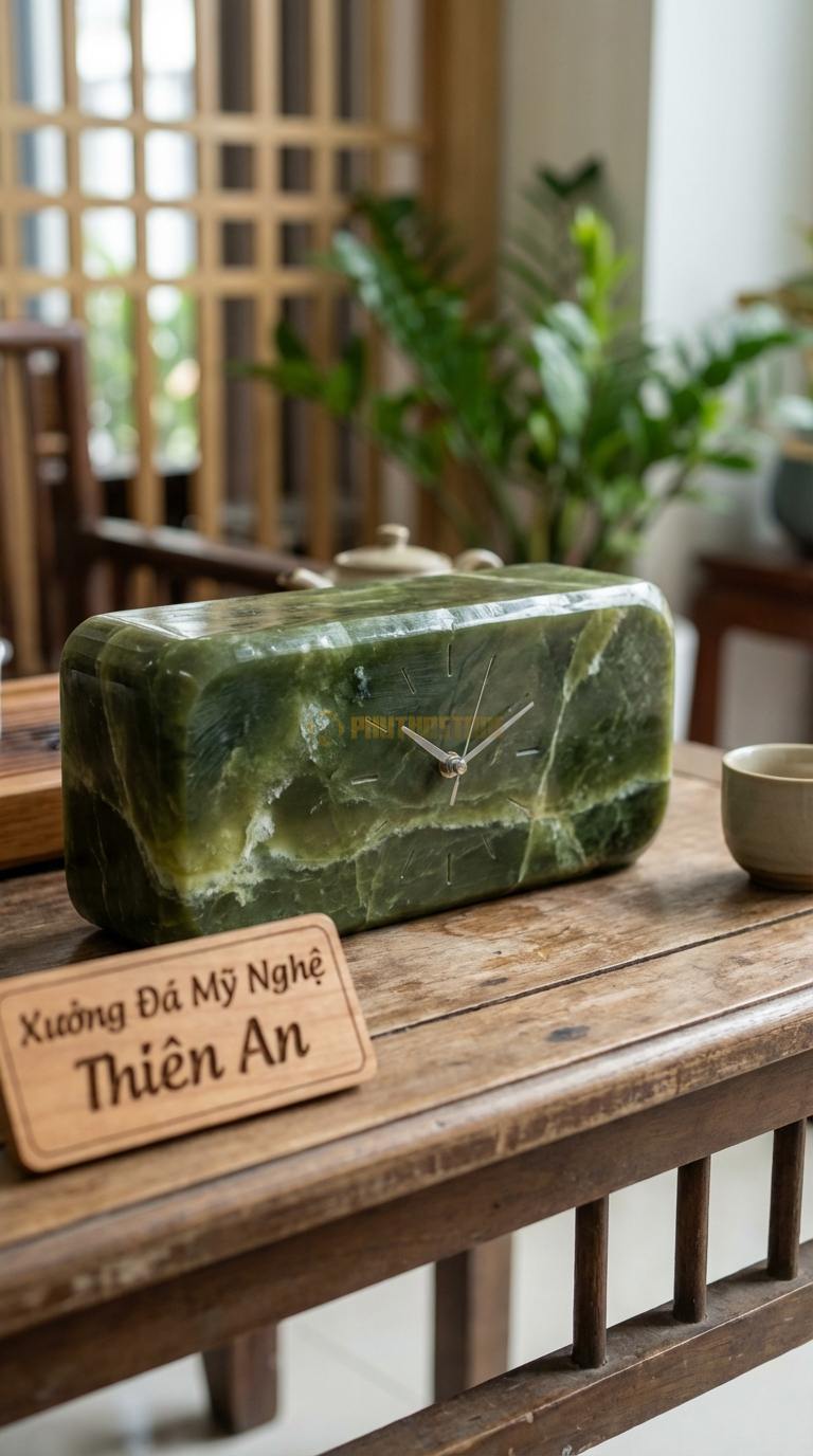 Đồng Hồ Để Bàn Đá Cao Cấp Đá Serpentine Ổn Định (Khối chữ nhật nằm ngang, kẹp lịch) 12cm x 25cm x 7cm