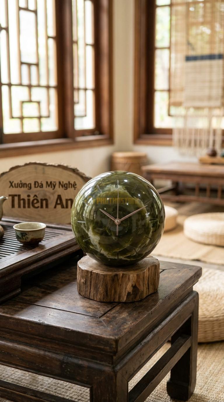 Đồng Hồ Để Bàn Đá Cao Cấp Đá Serpentine Quả Cầu Thời Gian (Đá mài tròn đặt trên đế) 12cm (Đường kính cầu)