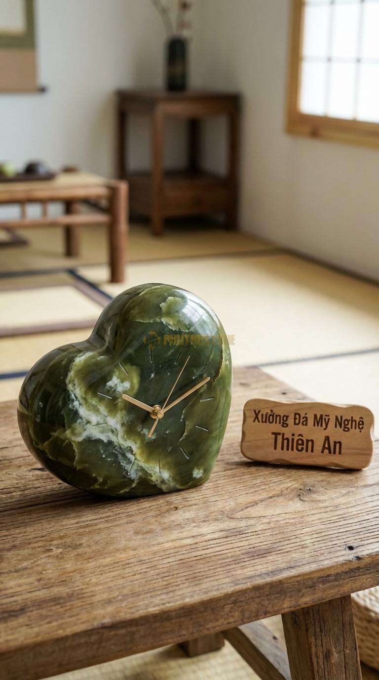 Đồng Hồ Để Bàn Đá Cao Cấp Đá Serpentine Trái Tim Pha Lê (Đá mài bóng hình tim) 10cm x 10cm x 4cm