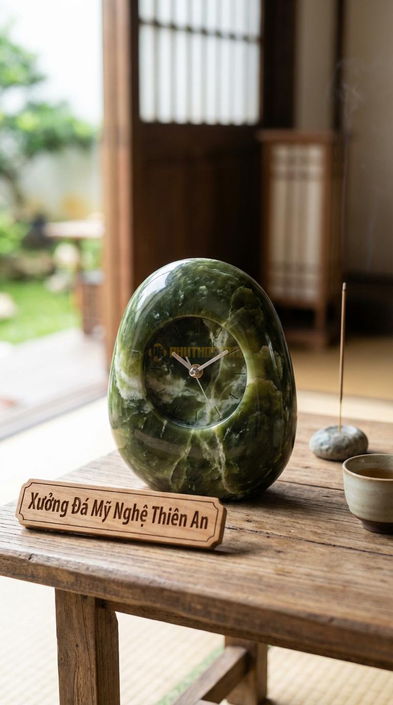 Đồng Hồ Để Bàn Đá Cao Cấp Đá Serpentine Zen Stone (Dáng đá cuội tự nhiên bo tròn) 10cm x 15cm x 10cm