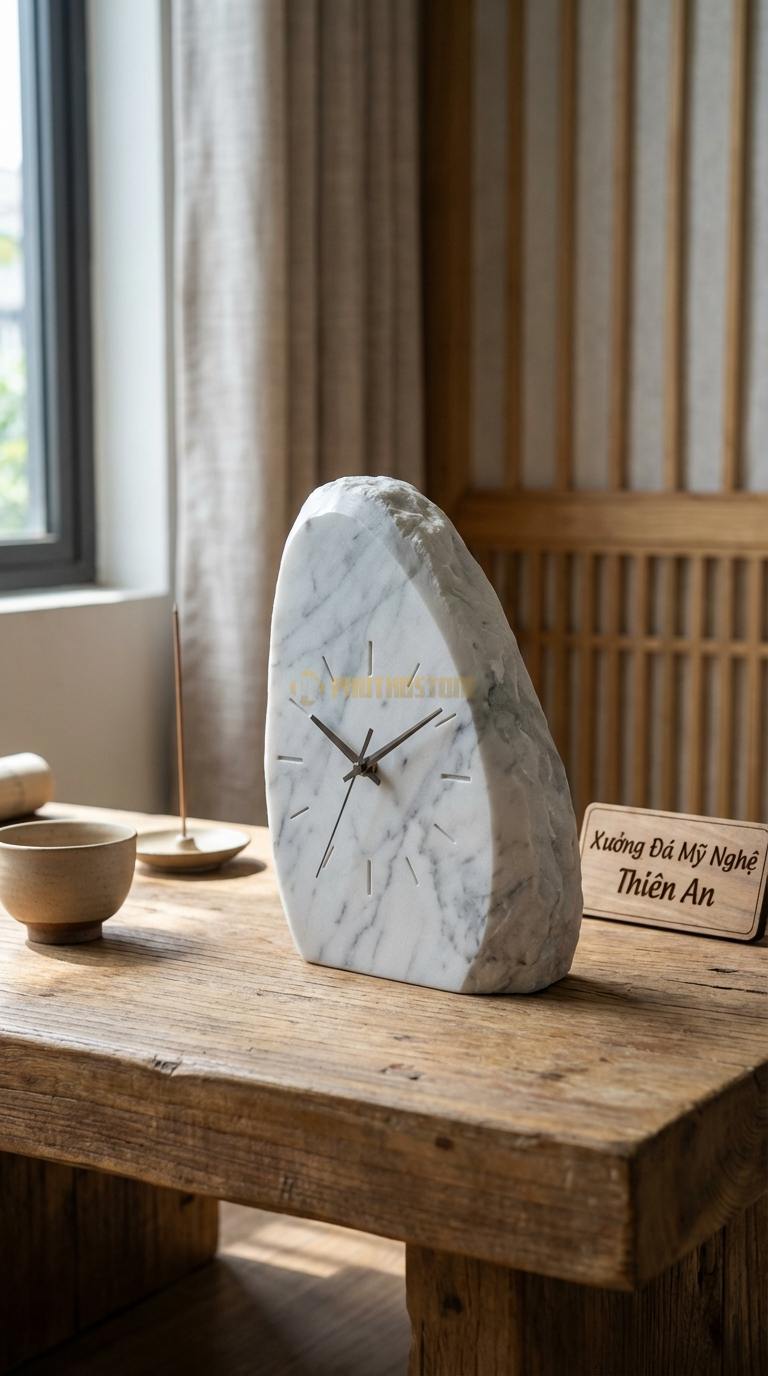 Đồng Hồ Để Bàn Đá Cao Cấp Đá Trắng Yên Bái Cánh Buồm Xuôi Gió (Dáng vát nhọn về phía trước) 22cm x 15cm x 6cm