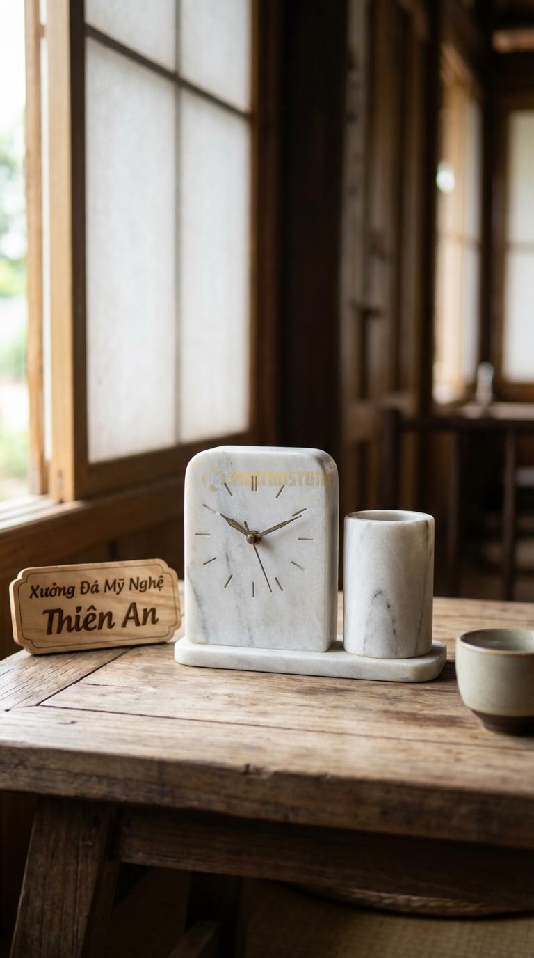 Đồng Hồ Để Bàn Đá Cao Cấp Đá Trắng Yên Bái Đồng Hồ Đôi (Gồm đồng hồ và lọ cắm bút bằng đá) 15cm x 30cm x 10cm