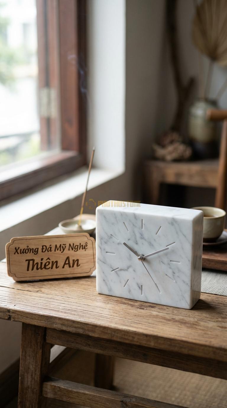Đồng Hồ Để Bàn Đá Cao Cấp Đá Trắng Yên Bái Khối Trụ Power (Đá nguyên khối cắt vuông vức) 15cm x 12cm x 5cm