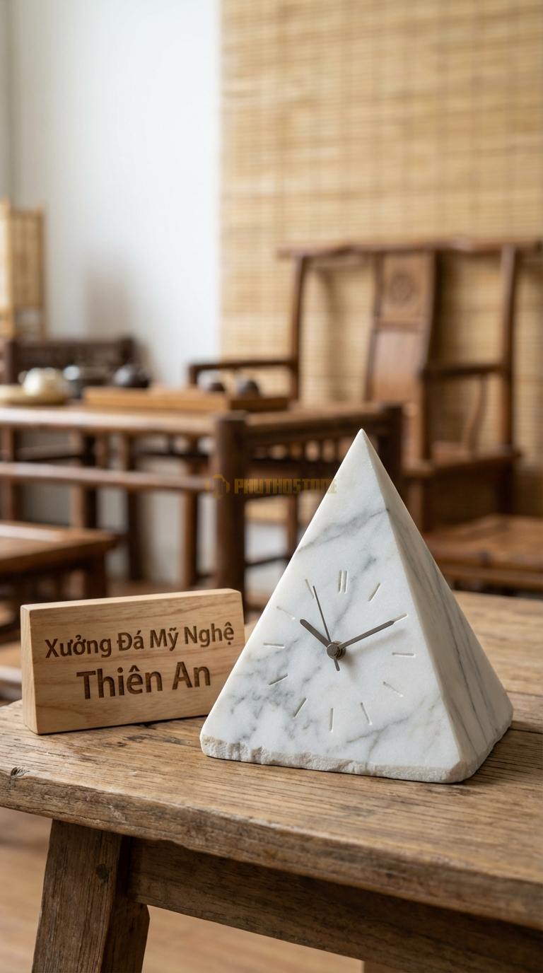Đồng Hồ Để Bàn Đá Cao Cấp Đá Trắng Yên Bái Kim Tự Tháp (Dáng chóp, phong thủy tài lộc) 12cm x 12cm x 12cm