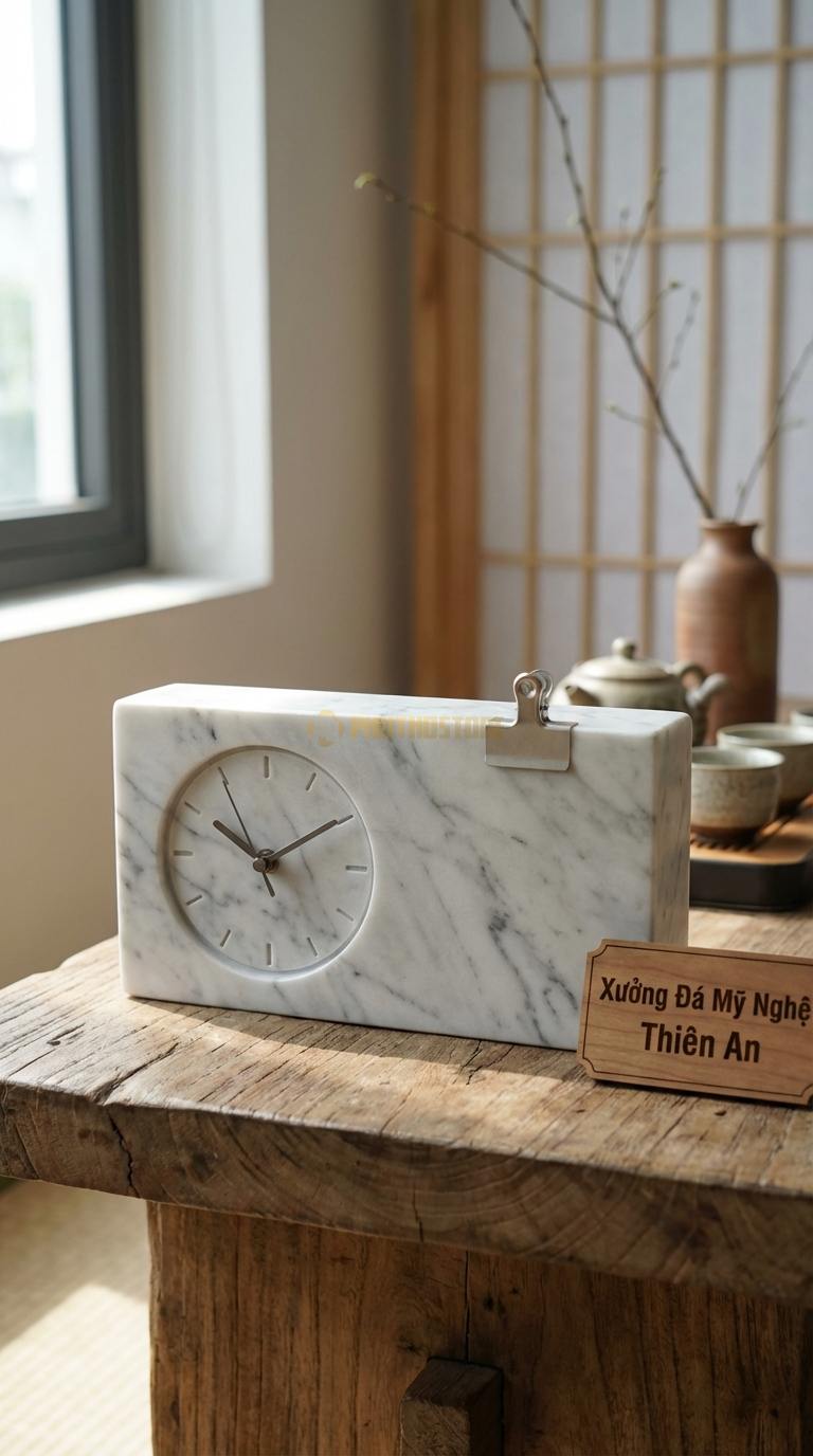 Đồng Hồ Để Bàn Đá Cao Cấp Đá Trắng Yên Bái Ổn Định (Khối chữ nhật nằm ngang, kẹp lịch) 12cm x 25cm x 7cm
