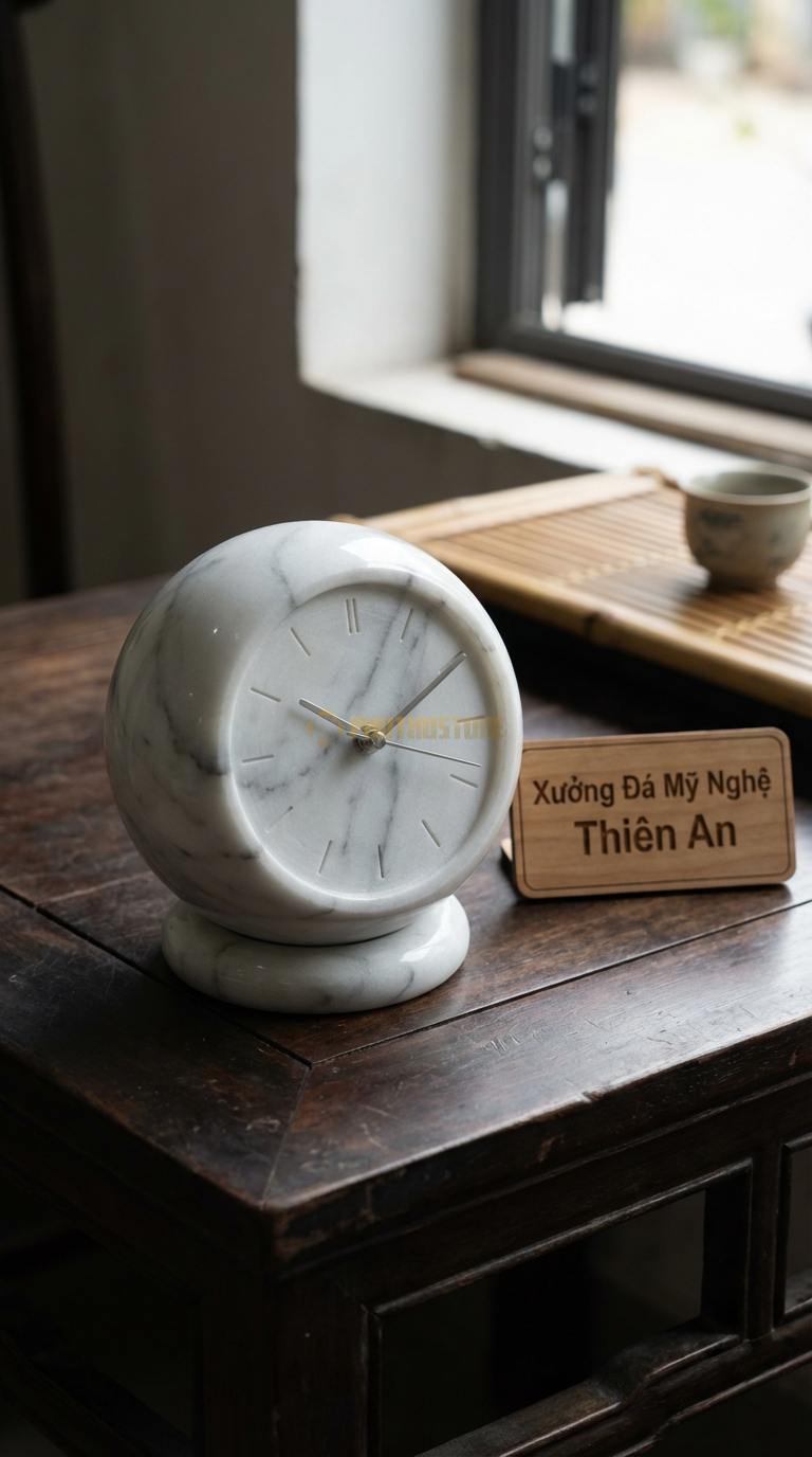 Đồng Hồ Để Bàn Đá Cao Cấp Đá Trắng Yên Bái Quả Cầu Thời Gian (Đá mài tròn đặt trên đế) 12cm (Đường kính cầu)