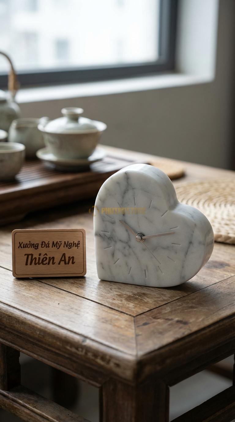Đồng Hồ Để Bàn Đá Cao Cấp Đá Trắng Yên Bái Trái Tim Pha Lê (Đá mài bóng hình tim) 10cm x 10cm x 4cm