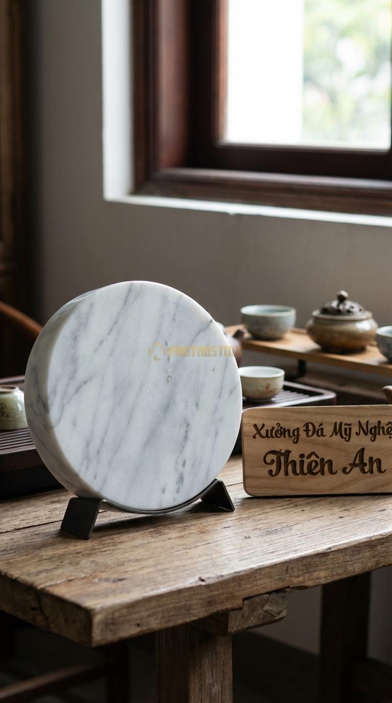 Đồng Hồ Để Bàn Đá Cao Cấp Đá Trắng Yên Bái Vòng Tròn Vĩnh Cửu (Mặt đá gắn trên đế kim loại) 20cm x 18cm x 6cm