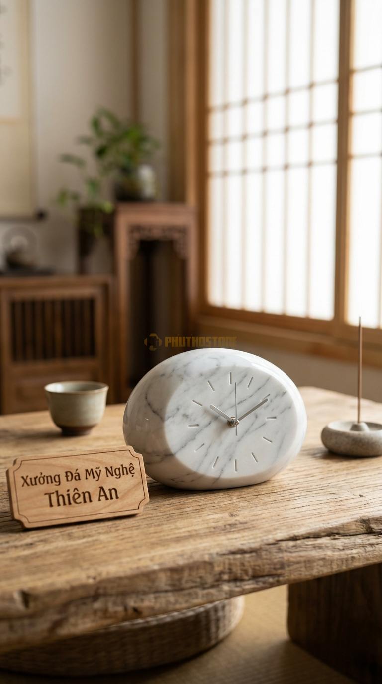 Đồng Hồ Để Bàn Đá Cao Cấp Đá Trắng Yên Bái Zen Stone (Dáng đá cuội tự nhiên bo tròn) 10cm x 15cm x 10cm