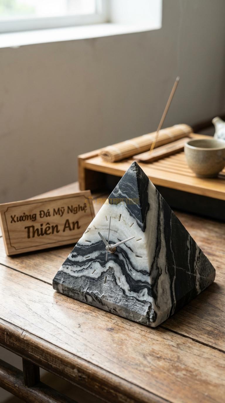 Đồng Hồ Để Bàn Đá Cao Cấp Đá Tuyết Sơn Kim Tự Tháp (Dáng chóp, phong thủy tài lộc) 12cm x 12cm x 12cm