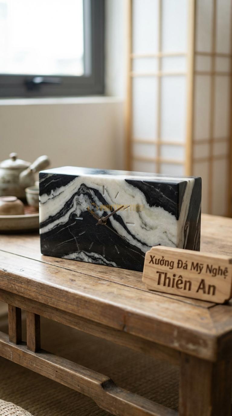 Đồng Hồ Để Bàn Đá Cao Cấp Đá Tuyết Sơn Ổn Định (Khối chữ nhật nằm ngang, kẹp lịch) 12cm x 25cm x 7cm