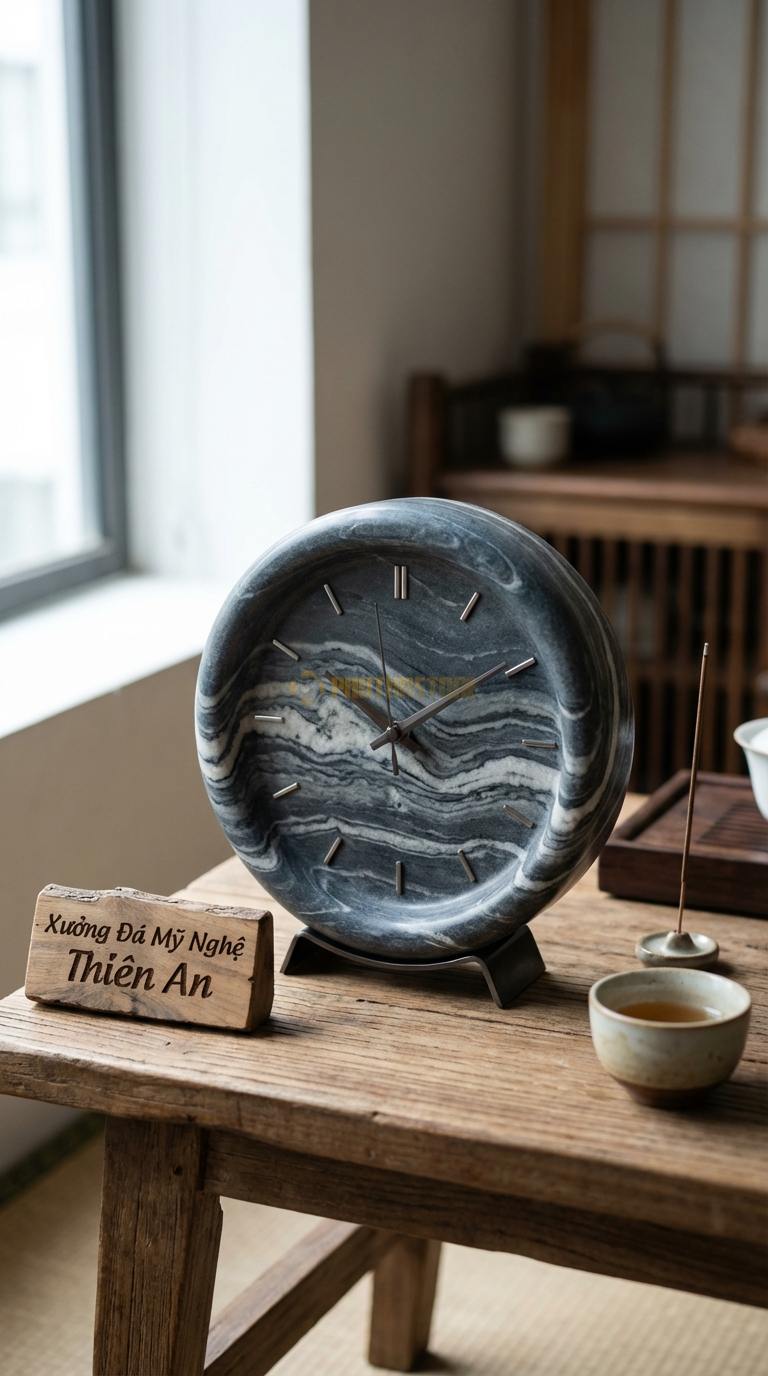 Đồng Hồ Để Bàn Đá Cao Cấp Đá Vân Mây Vòng Tròn Vĩnh Cửu (Mặt đá gắn trên đế kim loại) 20cm x 18cm x 6cm