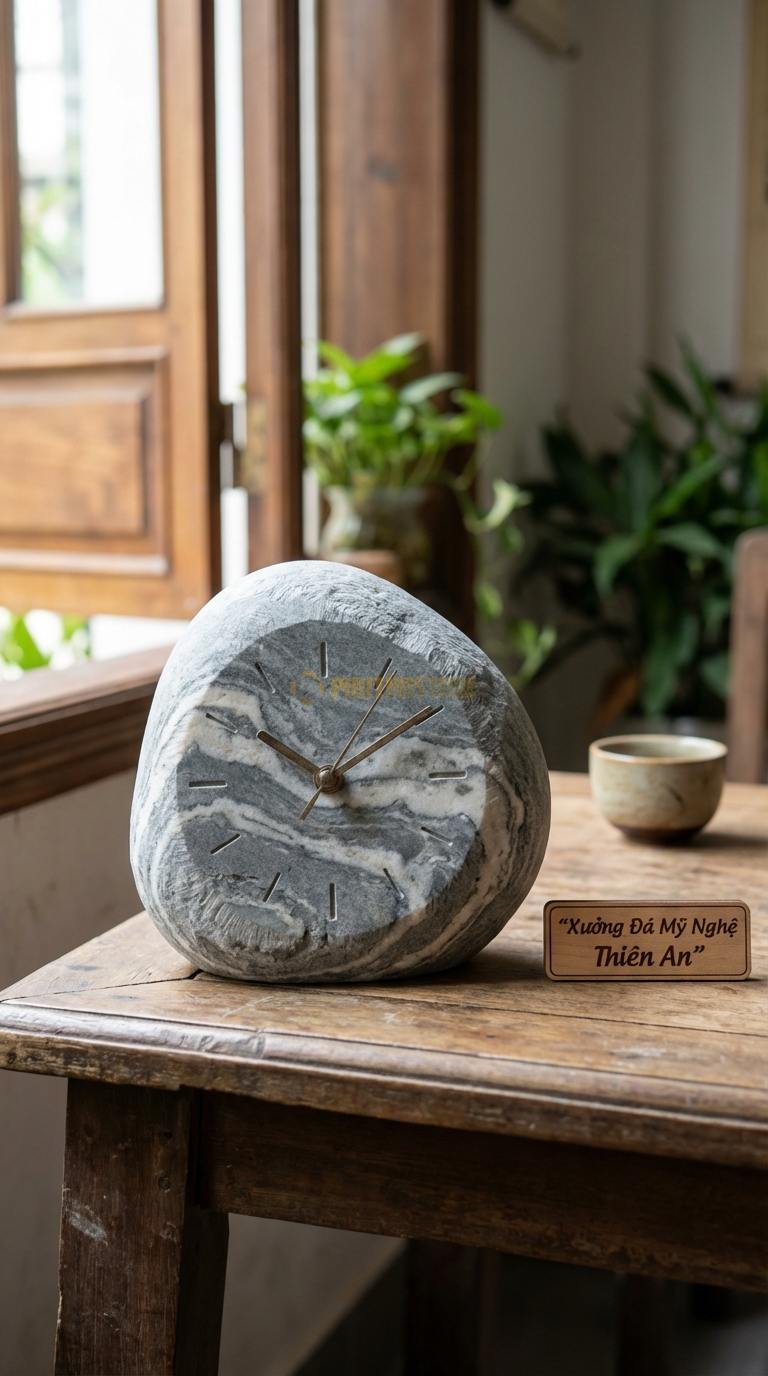 Đồng Hồ Để Bàn Đá Cao Cấp Đá Vân Mây Zen Stone (Dáng đá cuội tự nhiên bo tròn) 10cm x 15cm x 10cm