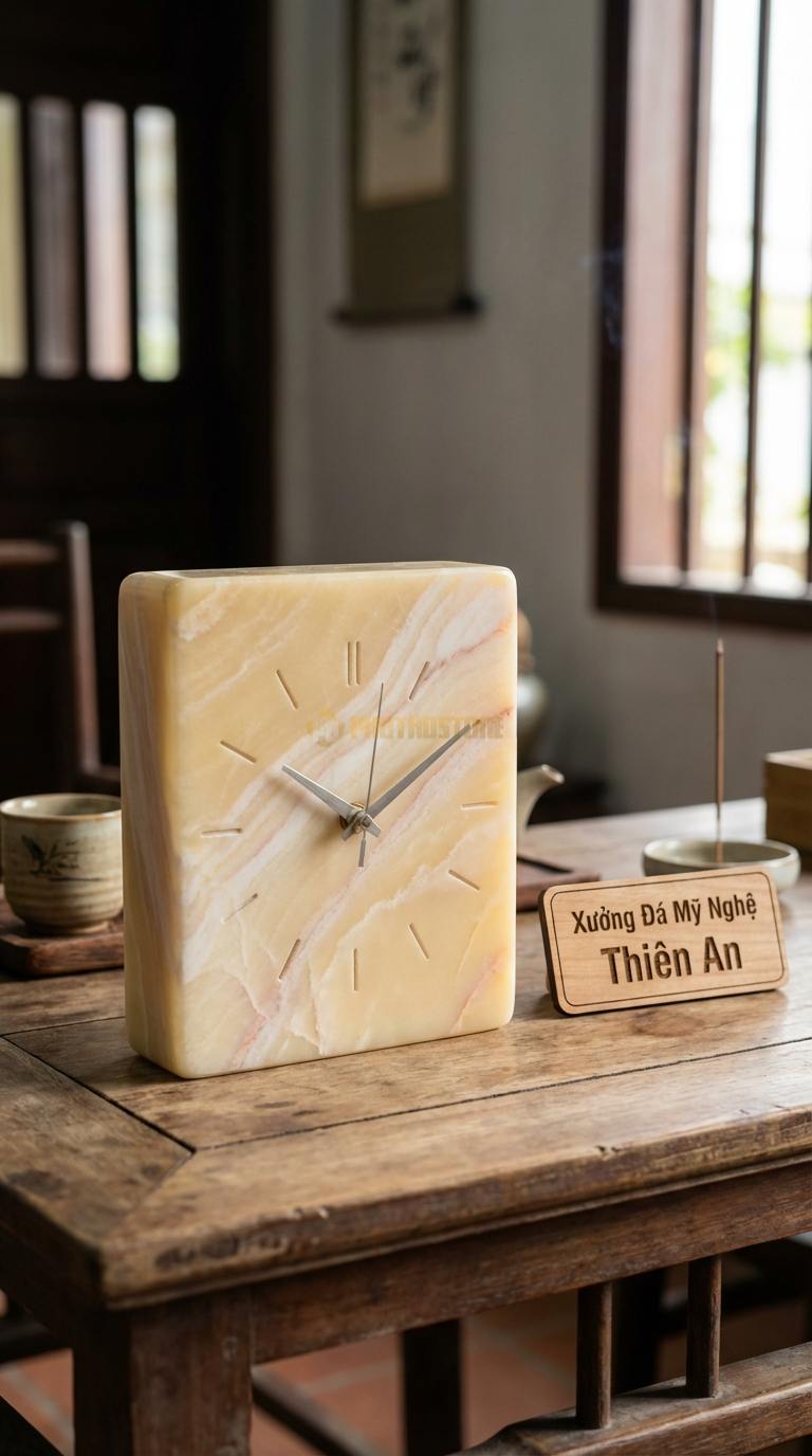 Đồng Hồ Để Bàn Đá Cao Cấp Đá Vàng Nghệ An Khối Trụ Power (Đá nguyên khối cắt vuông vức) 15cm x 12cm x 5cm