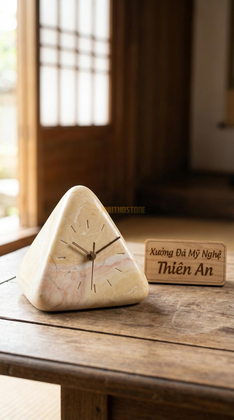 Đồng Hồ Để Bàn Đá Cao Cấp Đá Vàng Nghệ An Kim Tự Tháp (Dáng chóp, phong thủy tài lộc) 12cm x 12cm x 12cm