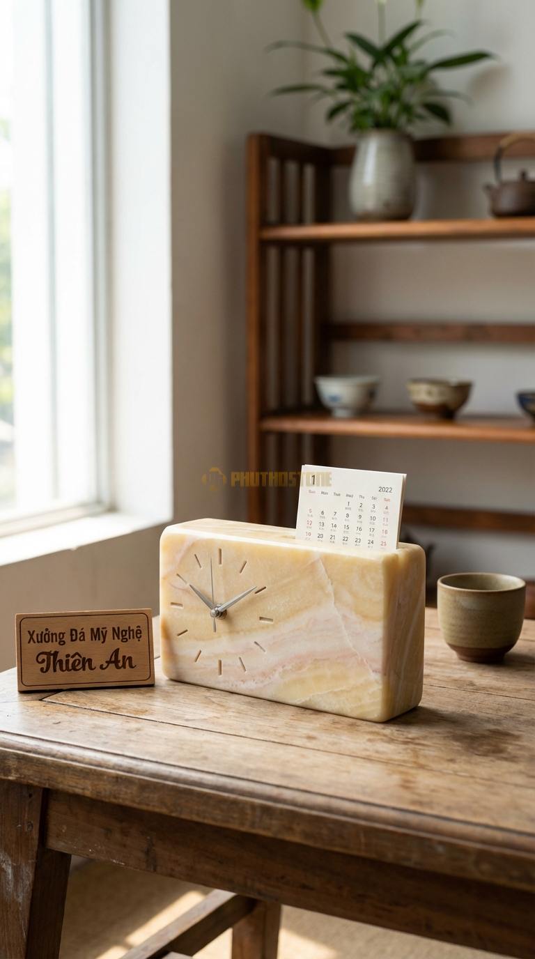 Đồng Hồ Để Bàn Đá Cao Cấp Đá Vàng Nghệ An Ổn Định (Khối chữ nhật nằm ngang, kẹp lịch) 12cm x 25cm x 7cm