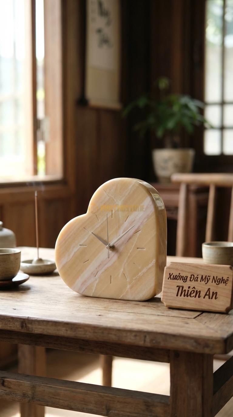 Đồng Hồ Để Bàn Đá Cao Cấp Đá Vàng Nghệ An Trái Tim Pha Lê (Đá mài bóng hình tim) 10cm x 10cm x 4cm