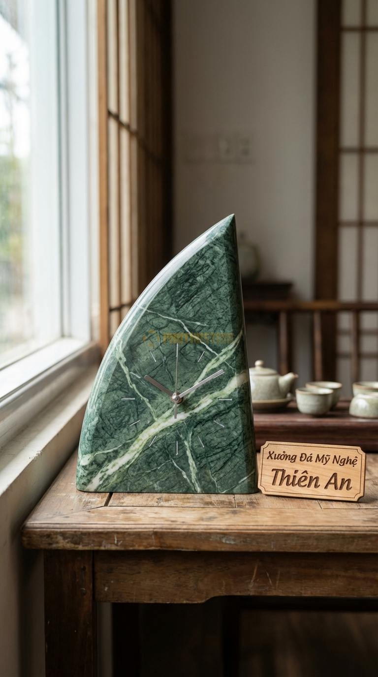 Đồng Hồ Để Bàn Đá Cao Cấp Đá Xanh Ấn Cánh Buồm Xuôi Gió (Dáng vát nhọn về phía trước) 22cm x 15cm x 6cm