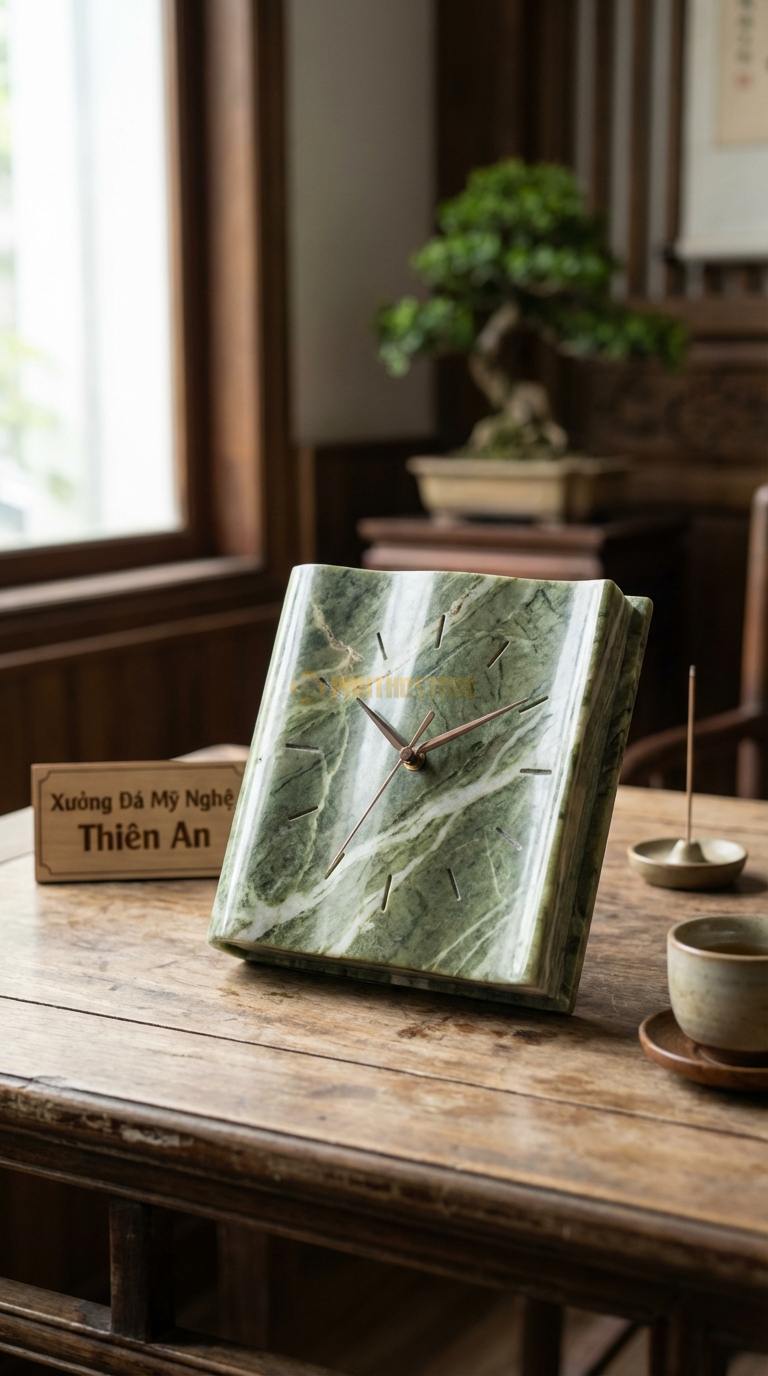 Đồng Hồ Để Bàn Đá Cao Cấp Đá Xanh Ấn Cuốn Sách Thời Gian (Dáng nghiêng như quyển sách) 18cm x 14cm x 8cm