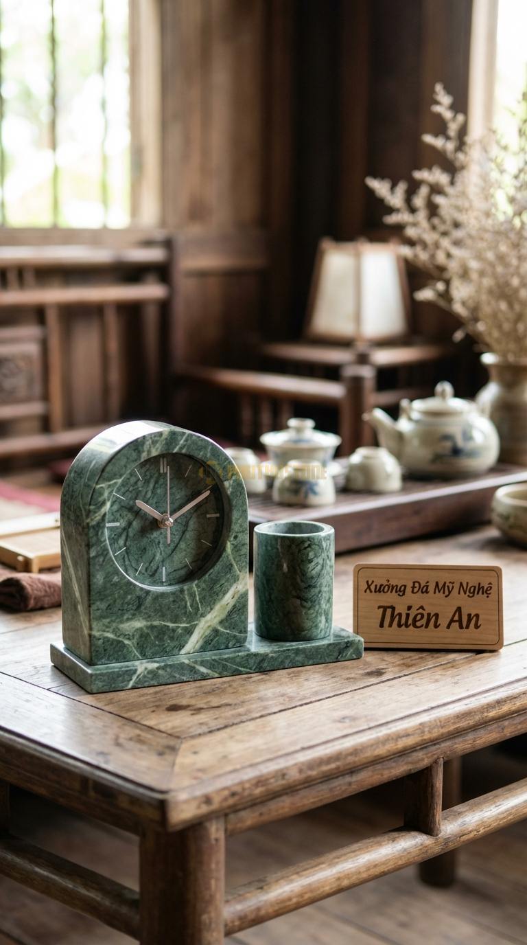 Đồng Hồ Để Bàn Đá Cao Cấp Đá Xanh Ấn Đồng Hồ Đôi (Gồm đồng hồ và lọ cắm bút bằng đá) 15cm x 30cm x 10cm