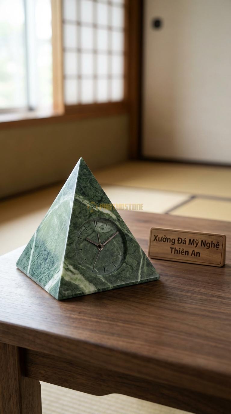 Đồng Hồ Để Bàn Đá Cao Cấp Đá Xanh Ấn Kim Tự Tháp (Dáng chóp, phong thủy tài lộc) 12cm x 12cm x 12cm