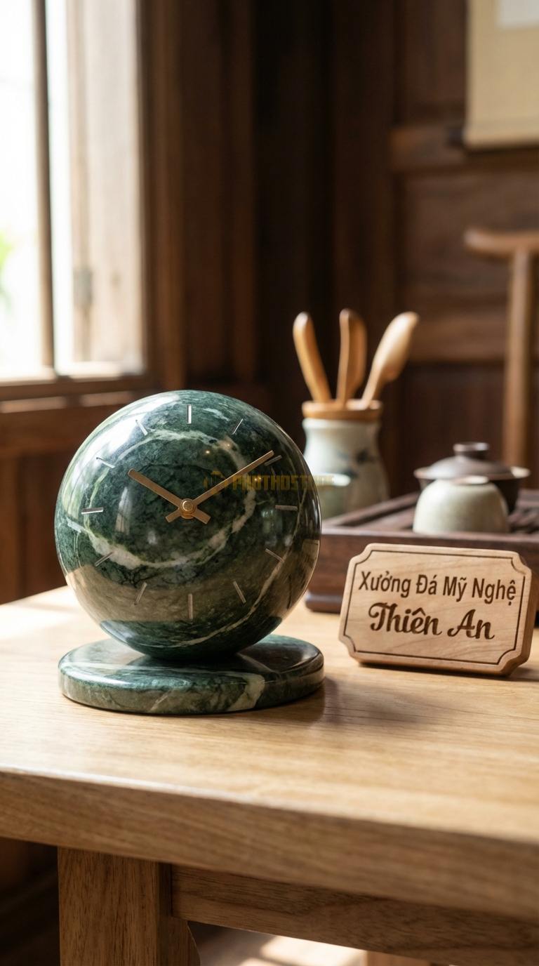Đồng Hồ Để Bàn Đá Cao Cấp Đá Xanh Ấn Quả Cầu Thời Gian (Đá mài tròn đặt trên đế) 12cm (Đường kính cầu)