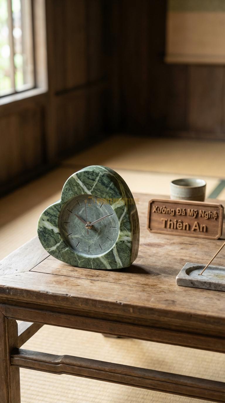 Đồng Hồ Để Bàn Đá Cao Cấp Đá Xanh Ấn Trái Tim Pha Lê (Đá mài bóng hình tim) 10cm x 10cm x 4cm