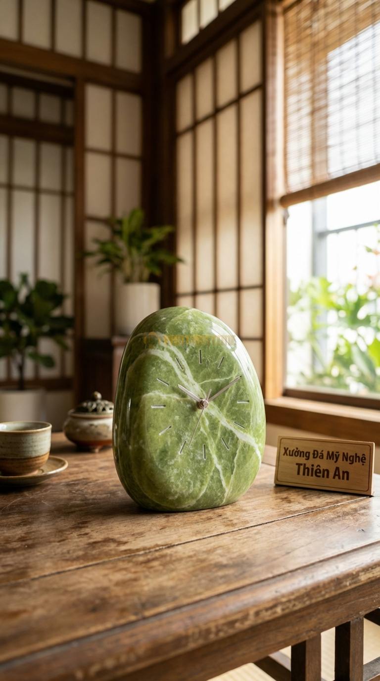 Đồng Hồ Để Bàn Đá Cao Cấp Đá Xanh Ấn Zen Stone (Dáng đá cuội tự nhiên bo tròn) 10cm x 15cm x 10cm