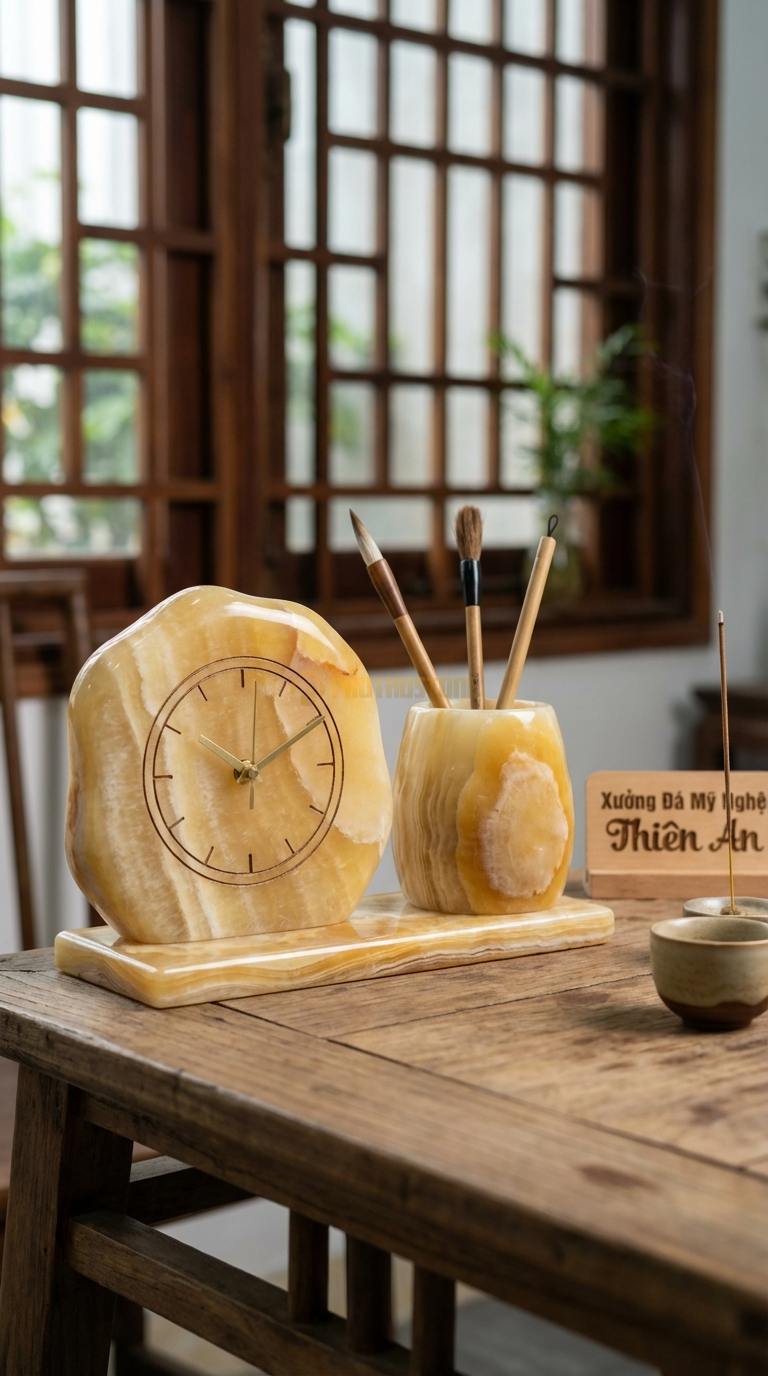 Đồng Hồ Để Bàn Đá Cao Cấp Ngọc hoàng long Đồng Hồ Đôi (Gồm đồng hồ và lọ cắm bút bằng đá) 15cm x 30cm x 10cm