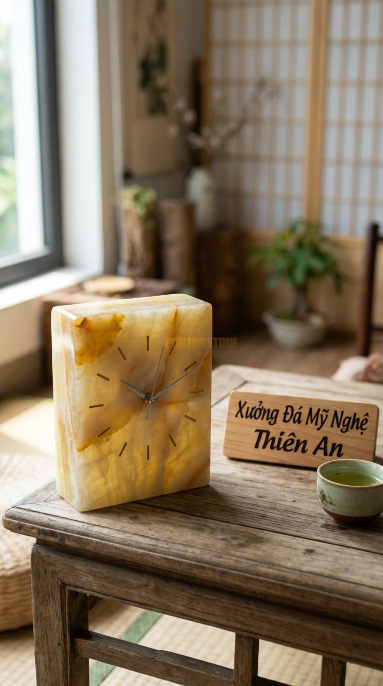 Đồng Hồ Để Bàn Đá Cao Cấp Ngọc hoàng long Khối Trụ Power (Đá nguyên khối cắt vuông vức) 15cm x 12cm x 5cm