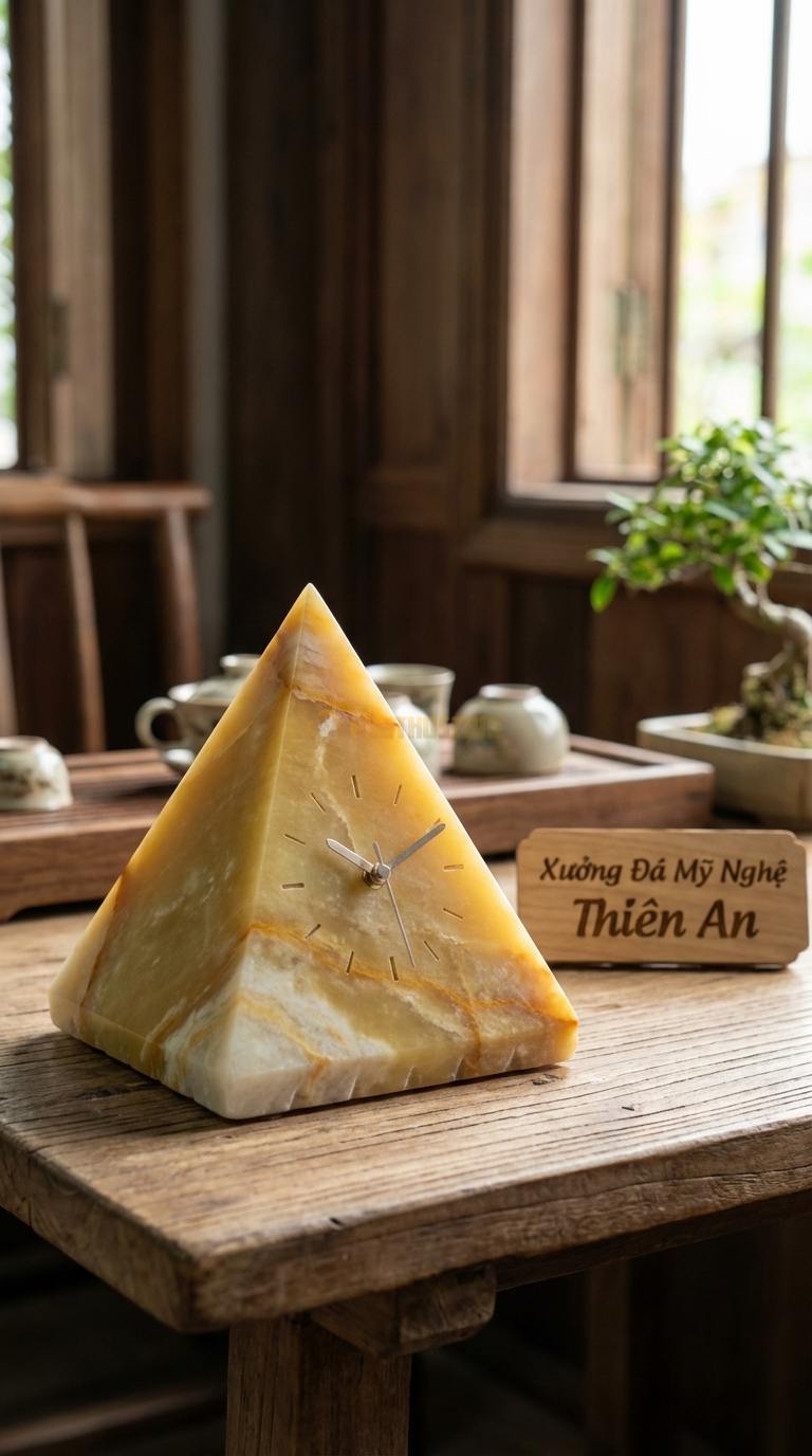 Đồng Hồ Để Bàn Đá Cao Cấp Ngọc hoàng long Kim Tự Tháp (Dáng chóp, phong thủy tài lộc) 12cm x 12cm x 12cm