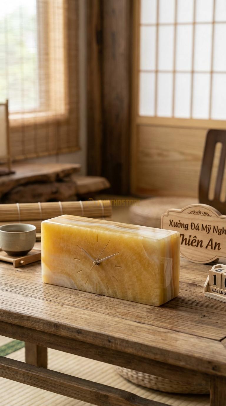 Đồng Hồ Để Bàn Đá Cao Cấp Ngọc hoàng long Ổn Định (Khối chữ nhật nằm ngang, kẹp lịch) 12cm x 25cm x 7cm