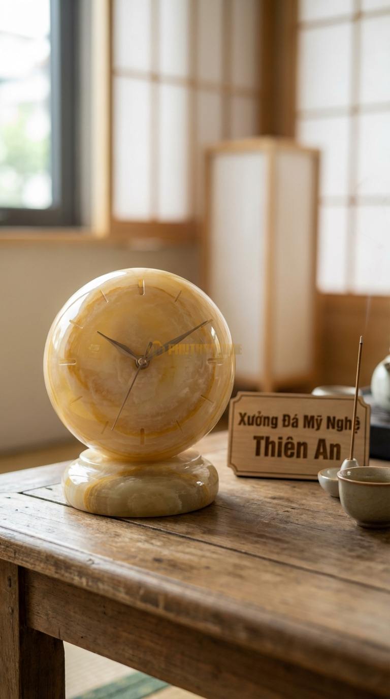 Đồng Hồ Để Bàn Đá Cao Cấp Ngọc hoàng long Quả Cầu Thời Gian (Đá mài tròn đặt trên đế) 12cm (Đường kính cầu)