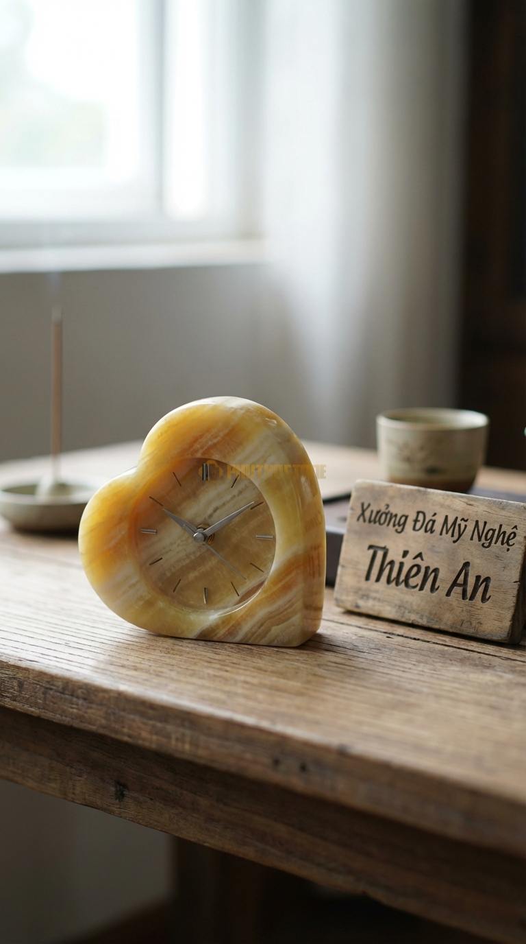 Đồng Hồ Để Bàn Đá Cao Cấp Ngọc hoàng long Trái Tim Pha Lê (Đá mài bóng hình tim) 10cm x 10cm x 4cm