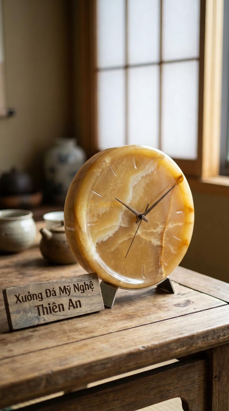 Đồng Hồ Để Bàn Đá Cao Cấp Ngọc hoàng long Vòng Tròn Vĩnh Cửu (Mặt đá gắn trên đế kim loại) 20cm x 18cm x 6cm